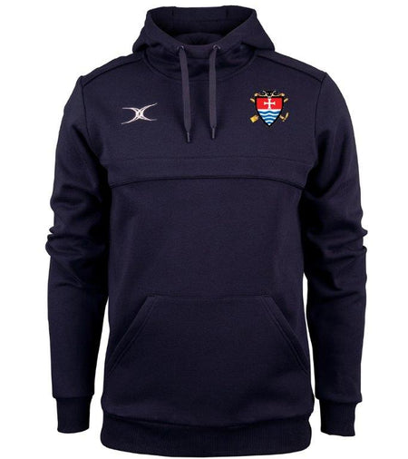 The Teign School Photon Senior Hoodie by Gilbert is a navy hooded sweatshirt with a front pocket, featuring an embroidered crest, Sixth Form Sport details, and a white Gilbert logo on the opposite side.