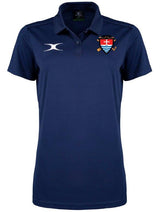 The Gilbert Teign School Womens Photon II Polo Shirt is navy blue, short-sleeved with buttons, has a white right-chest logo and a left-chest crest with crossed hockey sticks and shield—ideal for Teign School wear.