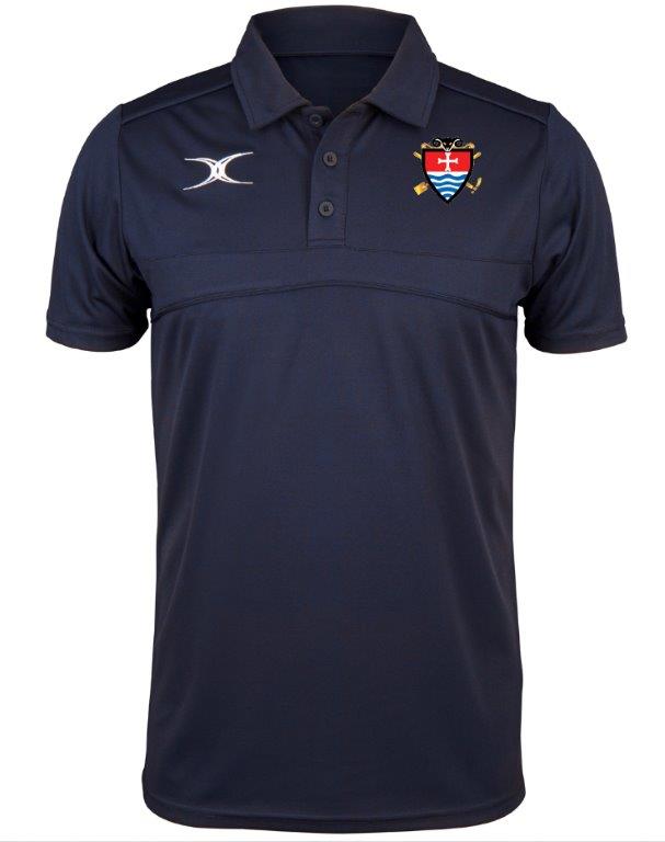 The Gilbert Teign School Photon II Senior Polo Shirt in navy features a collar, white left chest logo, and colorful crest with oars and shield on the right. Perfect for Sixth Form Sport, its moisture-wicking fabric keeps you comfortable all day.