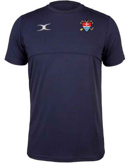 The Gilbert Teign School Photon II Senior T-shirt in navy features a left chest logo with crossed oars, a red shield with white cross, blue wavy lines, and a white Gilbert logo on the right—ideal high performance wear for Sixth Form Sport.