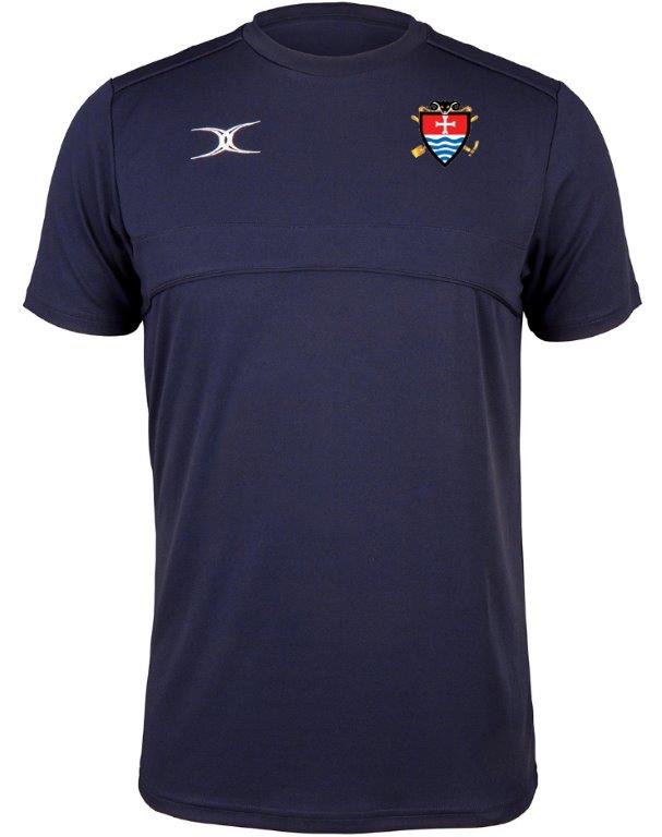 The Gilbert Teign School Photon II Senior T-shirt in navy features a left chest logo with crossed oars, a red shield with white cross, blue wavy lines, and a white Gilbert logo on the right—ideal high performance wear for Sixth Form Sport.