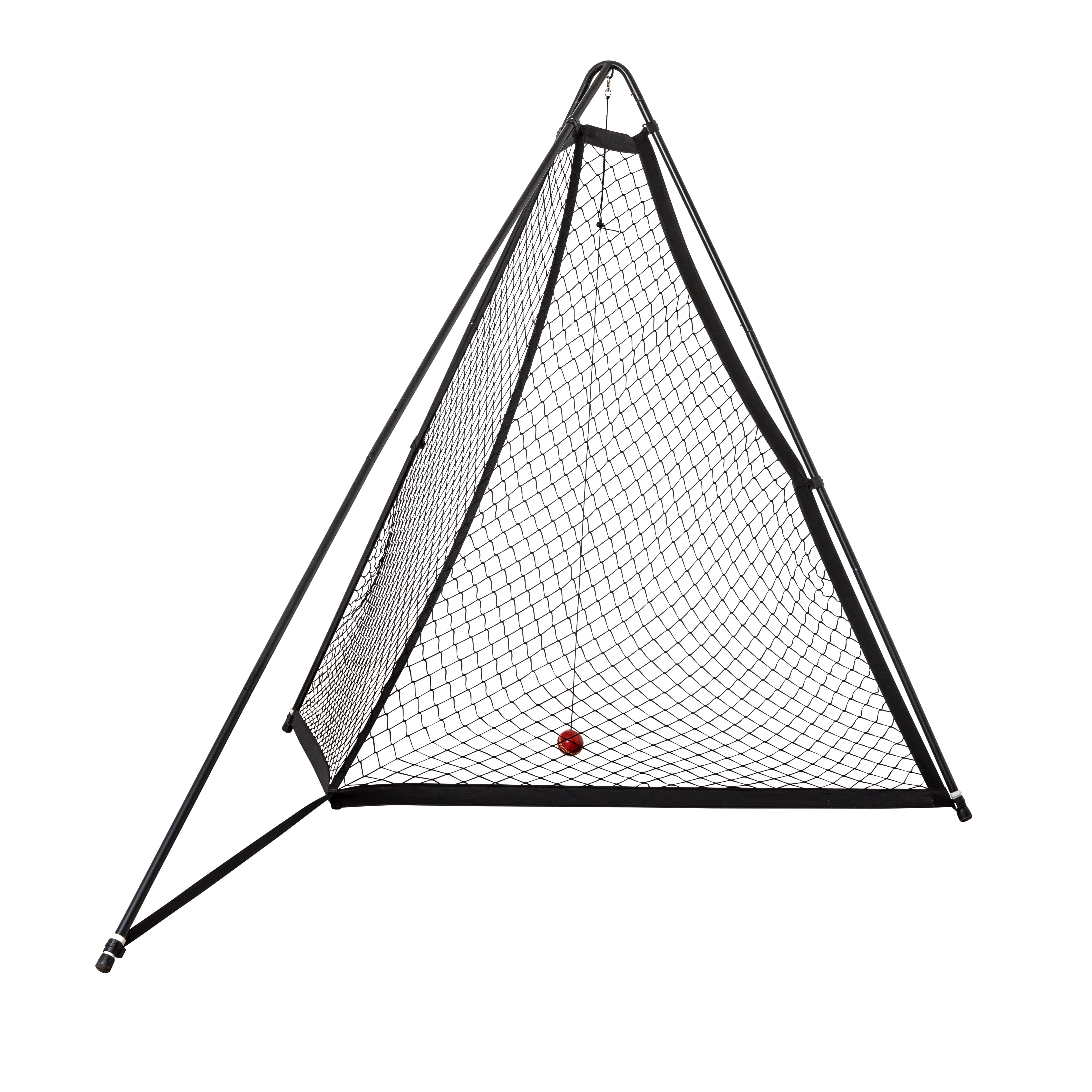 The V Pro 2.0 by The V is a triangular, pyramid-shaped cricket training net with a black frame and netting, featuring a red target ball in the center—ideal for sharpening your batting skills or cricket practice sessions.