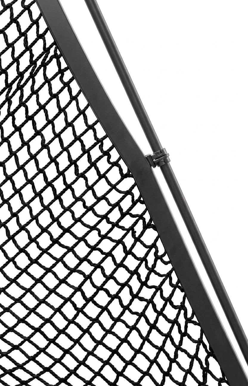 A small plastic The V Cricket Net Replacement C Clip securing black netting to The V-Pro 2.0 metal frame.