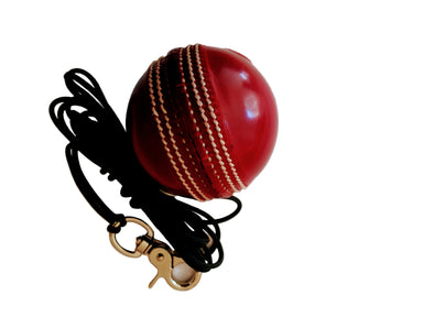 The V - Replacement Junior Red Ball by The V is a red leather cricket ball with visible stitching, attached to a black cord and metal clip, perfect for training nets. Shown on a white background.