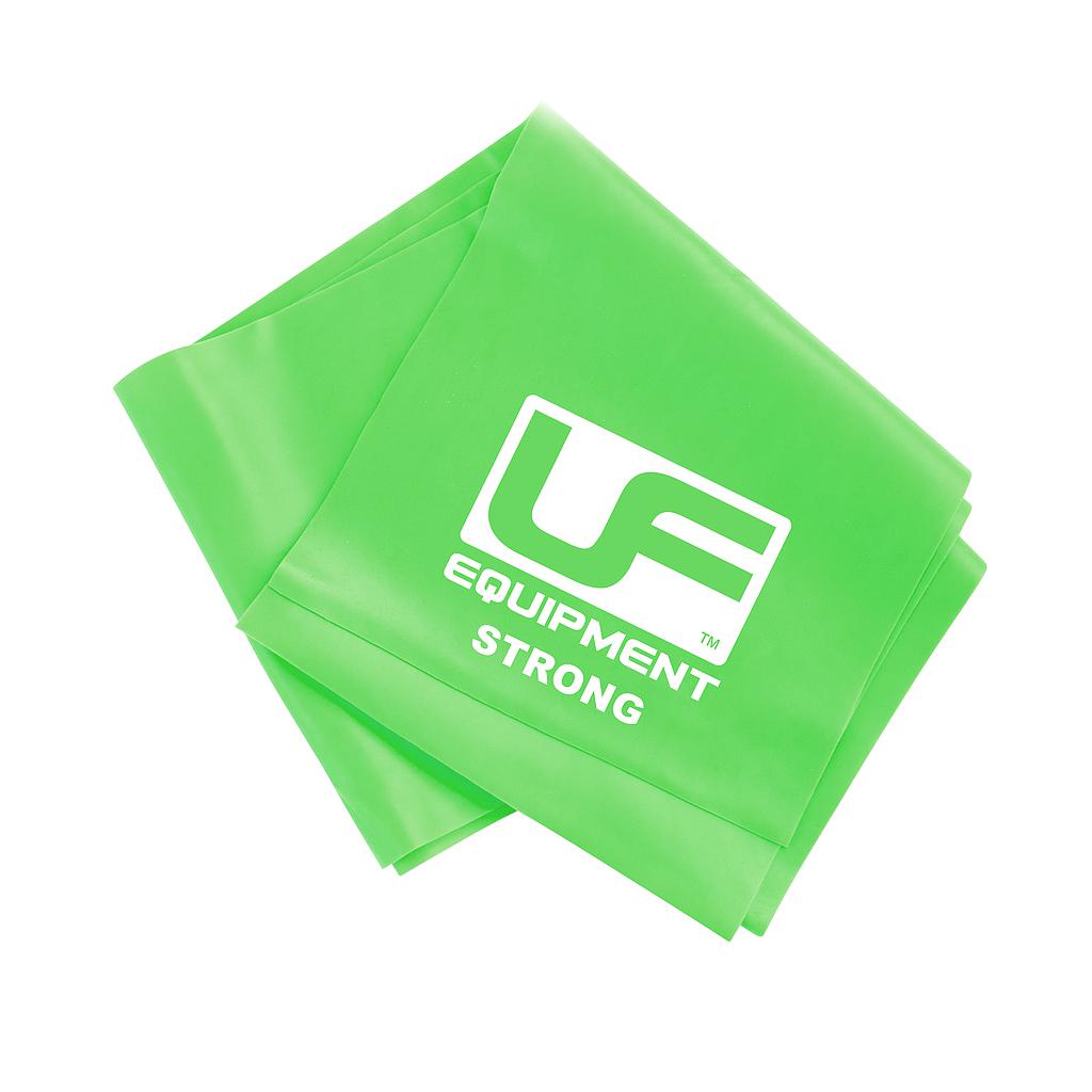 A folded green Urban Fitness Resistance Band 1.5m with "UF EQUIPMENT STRONG" in white, perfect for recovery and strength training.