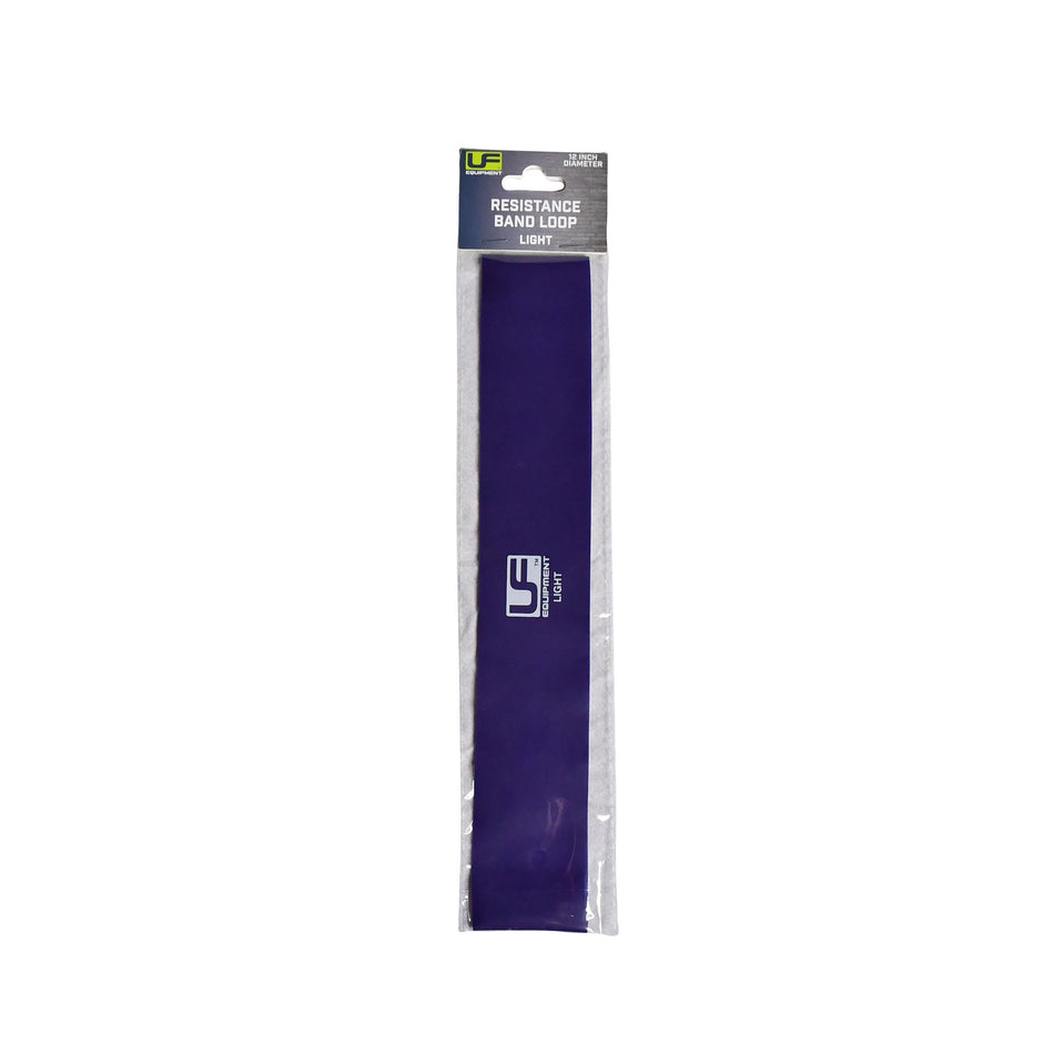 A packaged purple Urban Fitness Resistance Band Loop 12 Inch, labeled Light and made from natural latex, features the Urban Fitness logo and "Resistance Band Loop" text on its packaging header.