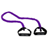 The Urban Fitness Safety Resistance Tube in Purple - Light features latex-free, fabric-covered tubing and two black handles, making it ideal for strength training and exercise.