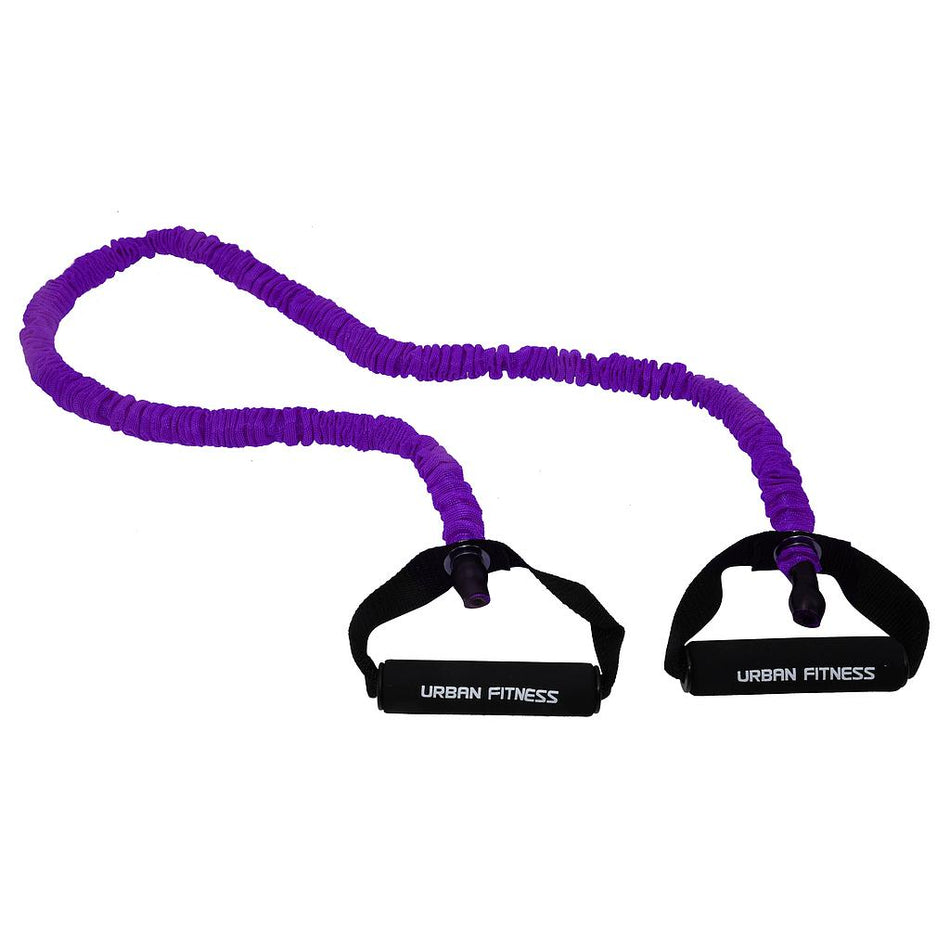 The Urban Fitness Safety Resistance Tube in Purple - Light features latex-free, fabric-covered tubing and two black handles, making it ideal for strength training and exercise.