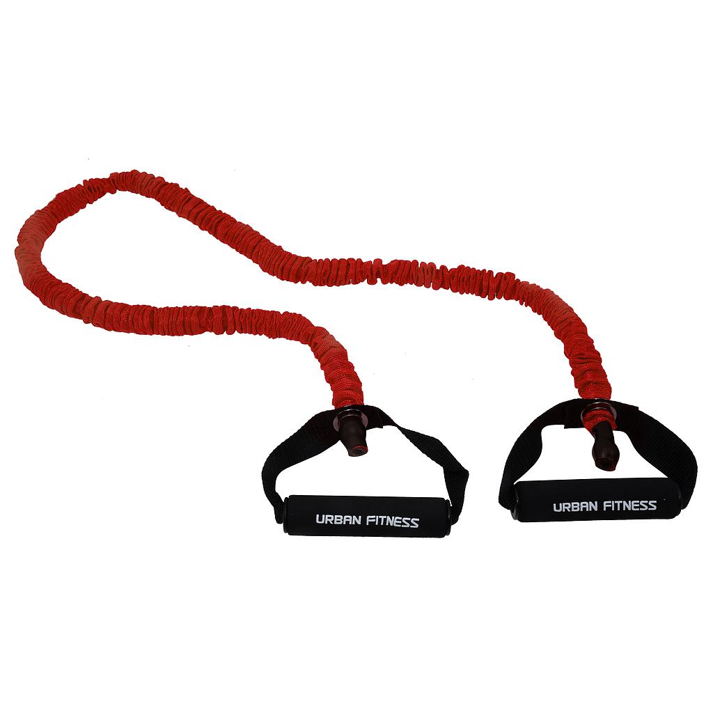 The Urban Fitness Safety Resistance Tube, Red - Medium, with black handles, is arranged in an S-shape on a white background. Ideal for strength training, this latex-free tube is from Urban Fitness.