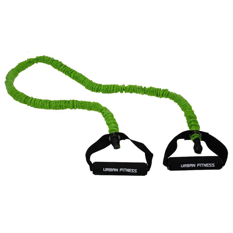The Urban Fitness Safety Resistance Tube in Green - Strong features black handles and a latex-free design, ideal for strength training and exercise. The tube is shown coiled loosely with both handles visible.