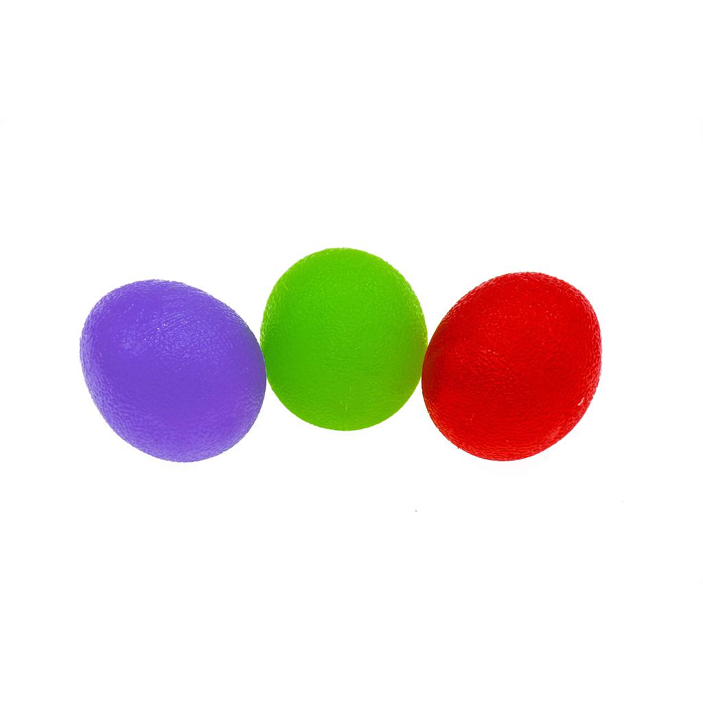 Three Urban Fitness Egg Power Grip hand exercisers by Urban Fitness in purple, green, and red are arranged on a white background—ideal for stress relief and forearm strength training.