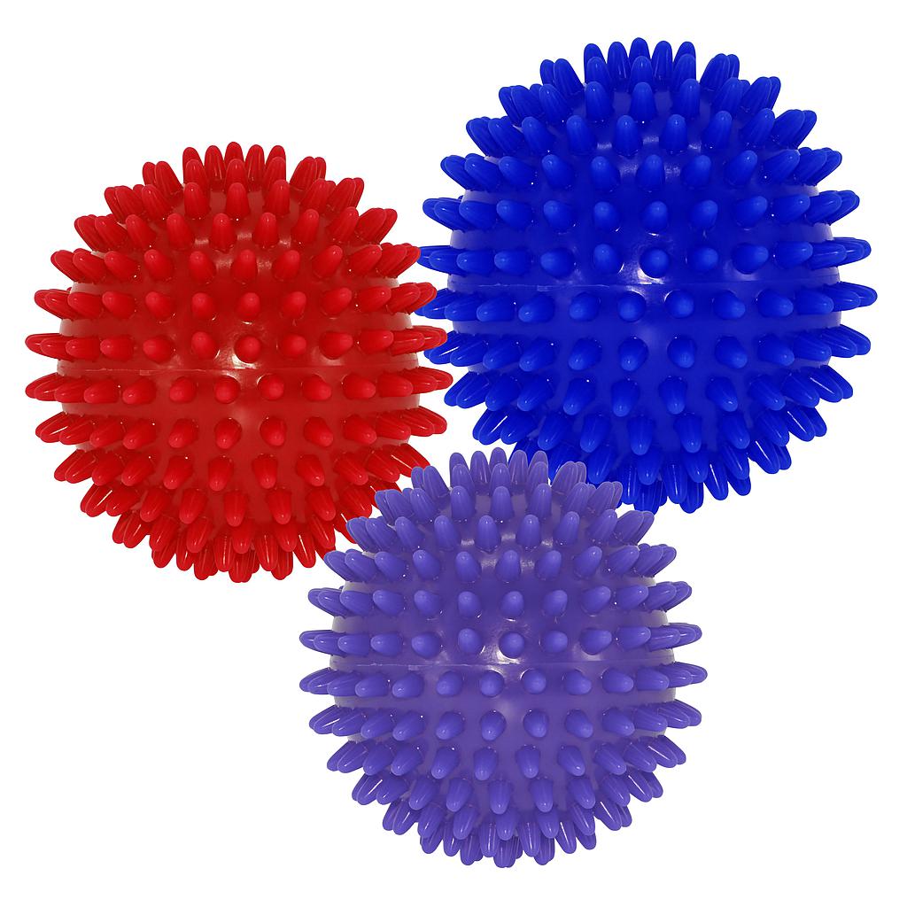 The Urban Fitness Massage Balls Set by Urban Fitness includes three spiky self-massage balls in red, blue, and purple. Each ball features evenly spaced, rounded spikes for effective muscle stimulation and back pain relief on any white surface.