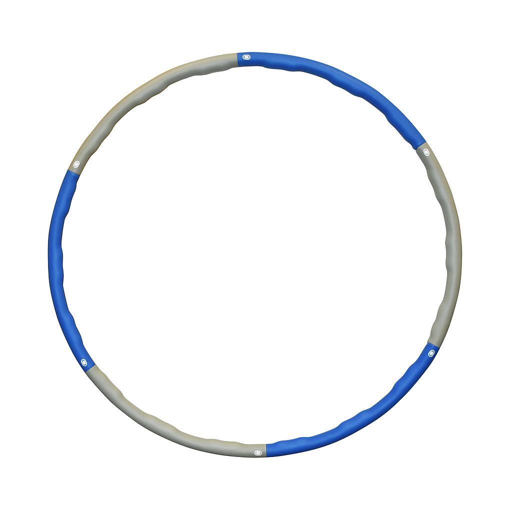 The Urban Fitness Weighted Hula Hoop by Urban Fitness features alternating blue and gray padded sections for effective muscle stimulation and a fun core workout, shown arranged in a circle on a white background.