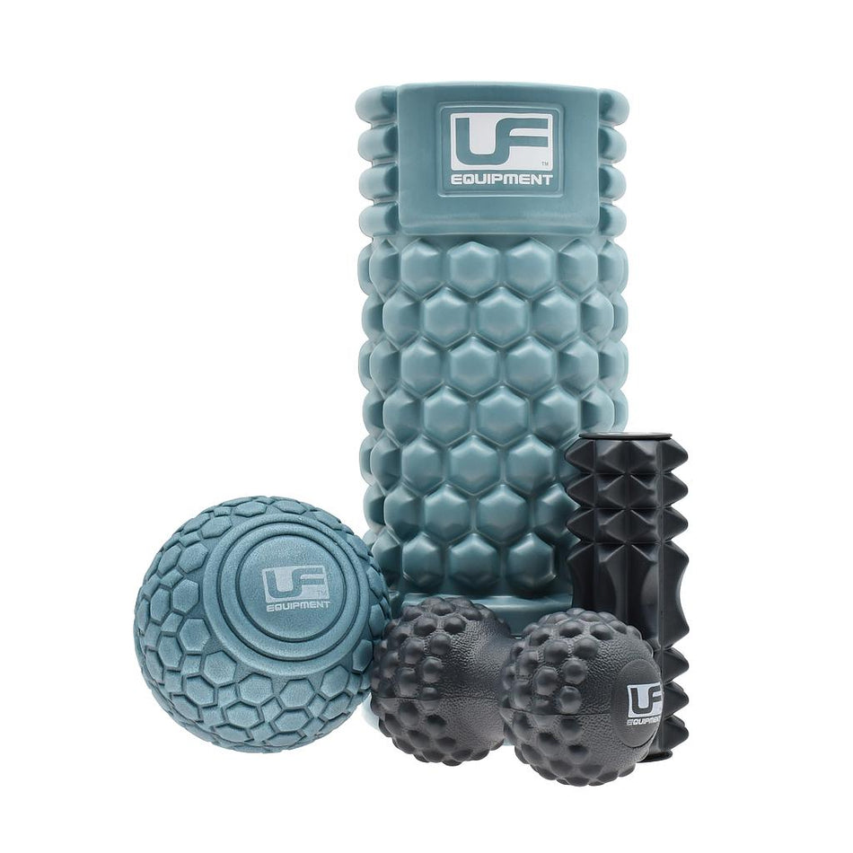 The Urban Fitness 4 Piece Massage Set by Urban Fitness includes a foam roller and massage balls to help relieve plantar fasciitis, all featuring the brand logo and displayed on a white background.