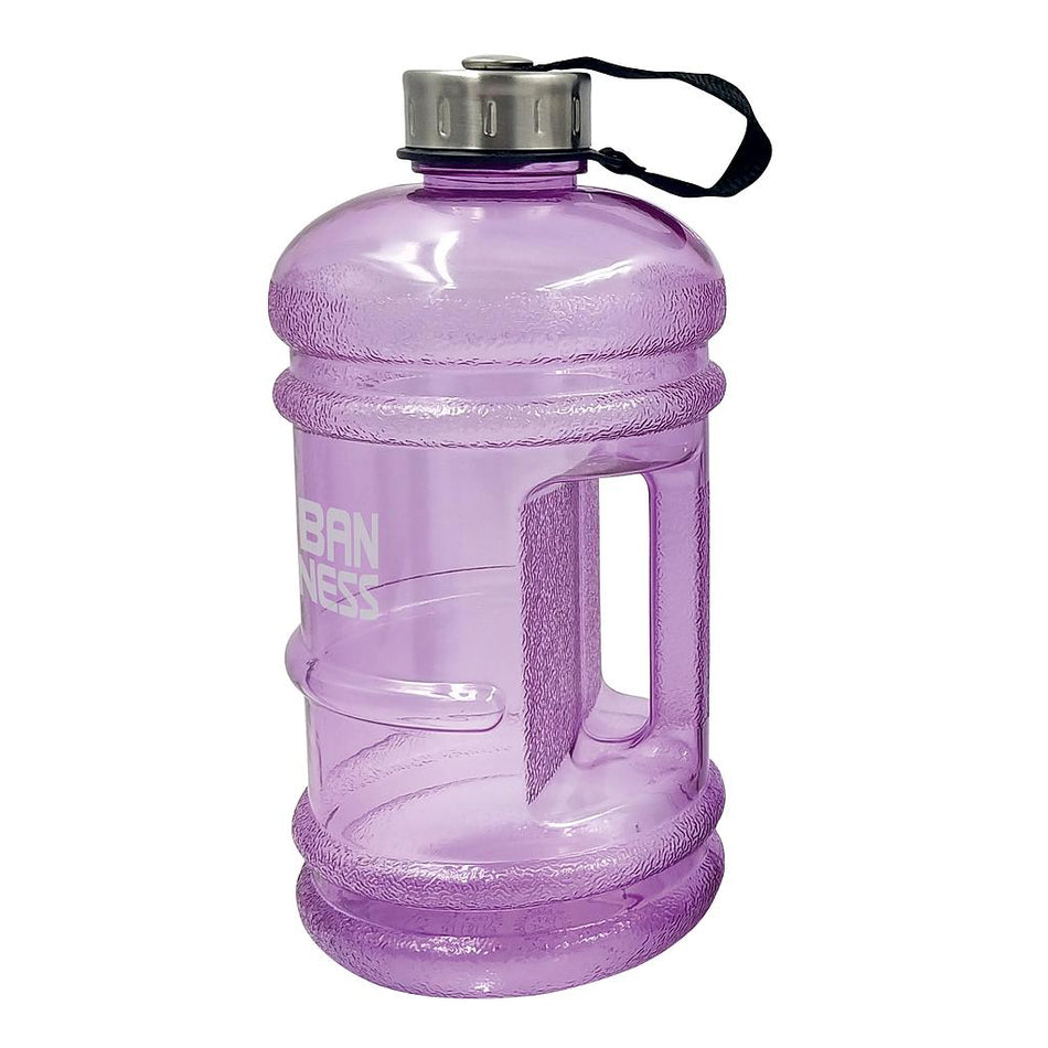 The Urban Fitness Quench Water Bottle is a large, 2.2L BPA-free Orchid bottle featuring a handle and a gray screw-on cap with a black strap—ideal for gym hydration.