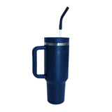 The Urban Fitness VitalSip V2 Bottle, in navy, is a tall 1200ml insulated bottle with a handle, clear lid, and bent reusable straw. It features double-wall vacuum insulated stainless steel and is shown on a white background.