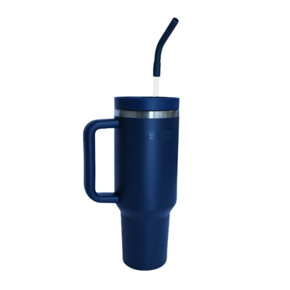 The Urban Fitness VitalSip V2 Bottle, in navy, is a tall 1200ml insulated bottle with a handle, clear lid, and bent reusable straw. It features double-wall vacuum insulated stainless steel and is shown on a white background.