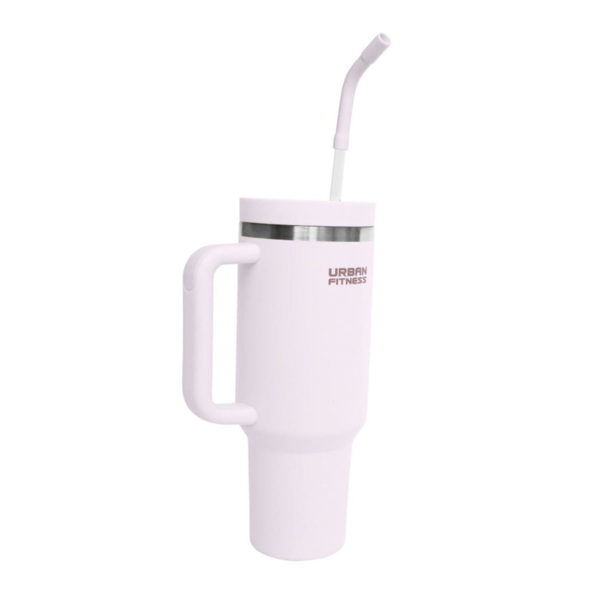 The Urban Fitness VitalSip V2 Bottle is a tall, pink double-wall vacuum insulated tumbler with a large handle, stainless steel rim, lid, and bent straw. The Urban Fitness brand is printed near the top for added style.