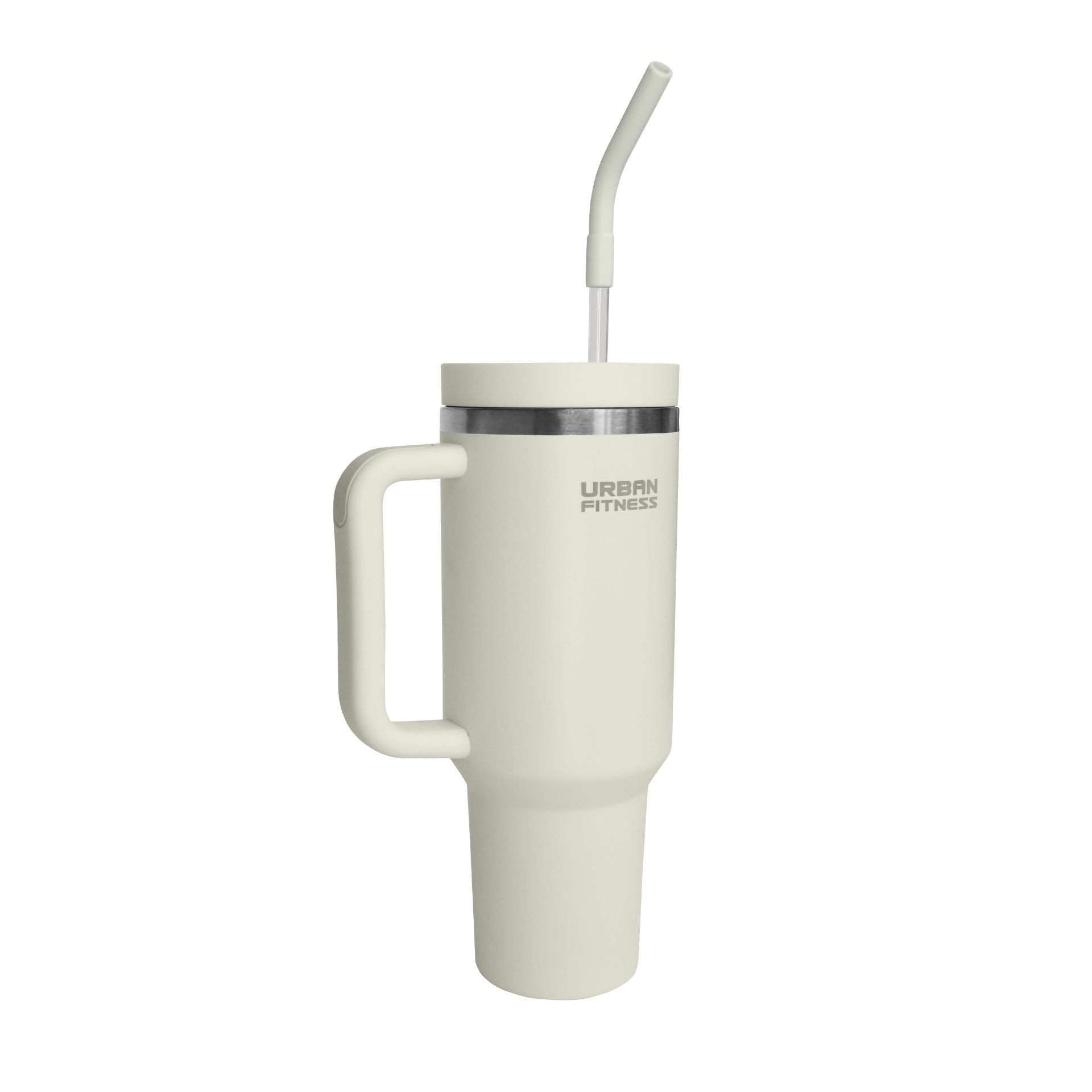 The Urban Fitness VitalSip V2 Bottle is a 1200ml cream insulated stainless steel travel tumbler with handle, silver rim, lid, and reusable straw. Double-wall vacuum insulation keeps drinks fresh. "URBAN FITNESS" printed near the top.
