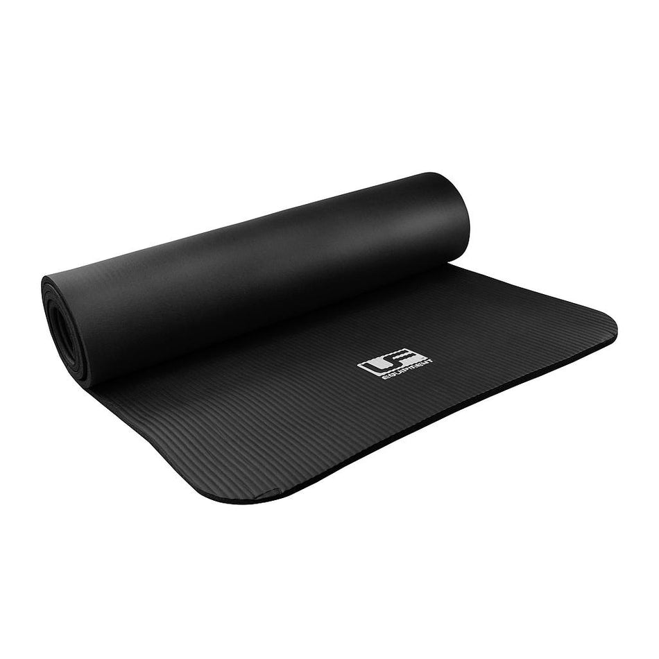 The Urban Fitness NBR Fitness Mat 10mm by Urban Fitness is black with 10mm cushioning, a textured surface, and a white logo at one end. It is shown rolled up on a plain white background.