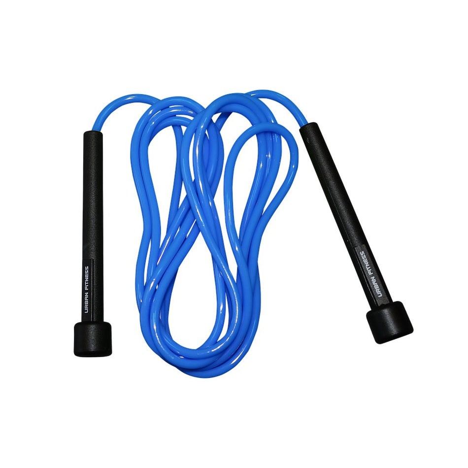 A blue 10" Urban Fitness Speed Rope by Urban Fitness with black handles is coiled on a white background.