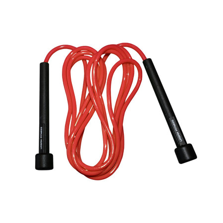The Urban Fitness Speed Rope by Urban Fitness, in red 8", is shown coiled loosely against a white background.