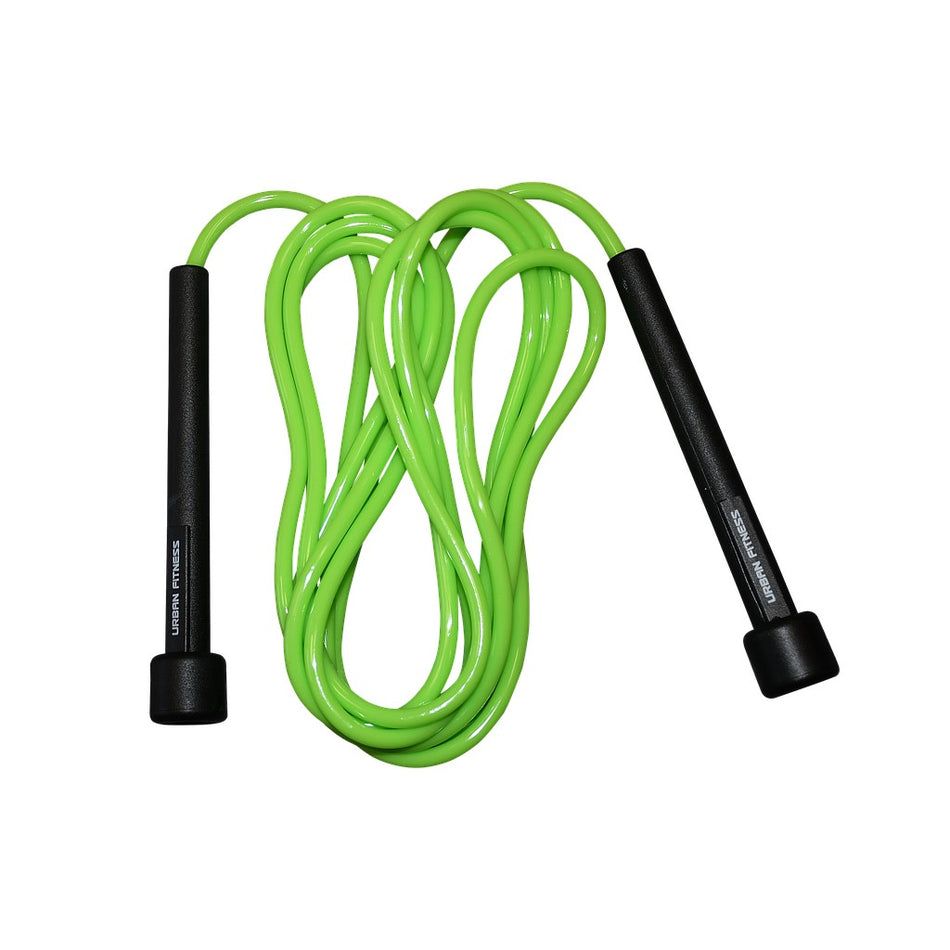 The Urban Fitness Speed Rope, by Urban Fitness, features a green 9" rope with black handles and is shown coiled on a white background.