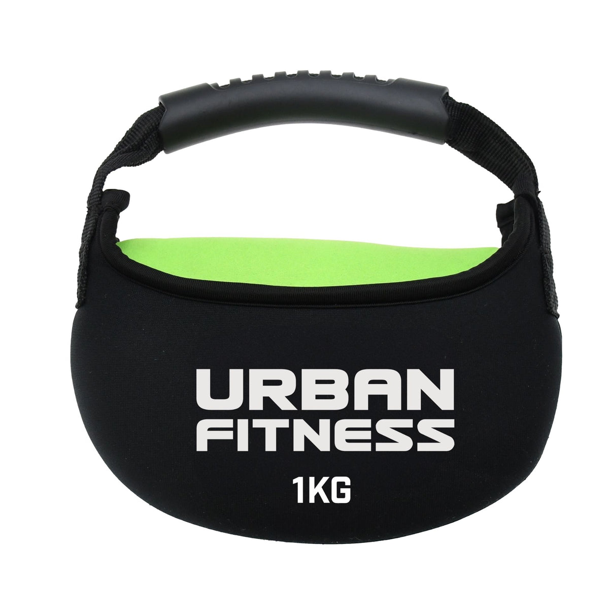 The Urban Fitness Fabric Kettlebell features a black and green soft grip handle and "URBAN FITNESS 1KG" printed on the front—ideal for home gym workouts.