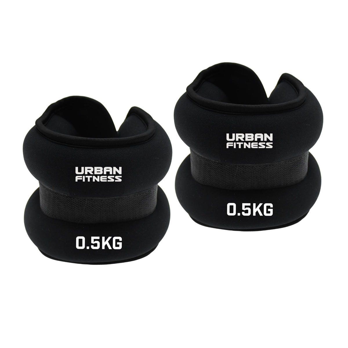 A pair of black Urban Fitness Neoprene Ankle/Wrist Weights, each labeled 0.5KG in white text, displayed on a white background.