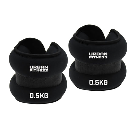 A pair of black Urban Fitness Neoprene Ankle/Wrist Weights, each labeled 0.5KG in white text, displayed on a white background.