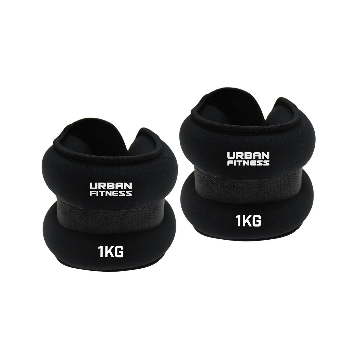 Two black Urban Fitness Neoprene Ankle/Wrist Weights, each labeled "Urban Fitness" and "1KG," can be used on the wrists or ankles. Both weights are shown side by side on a white background.