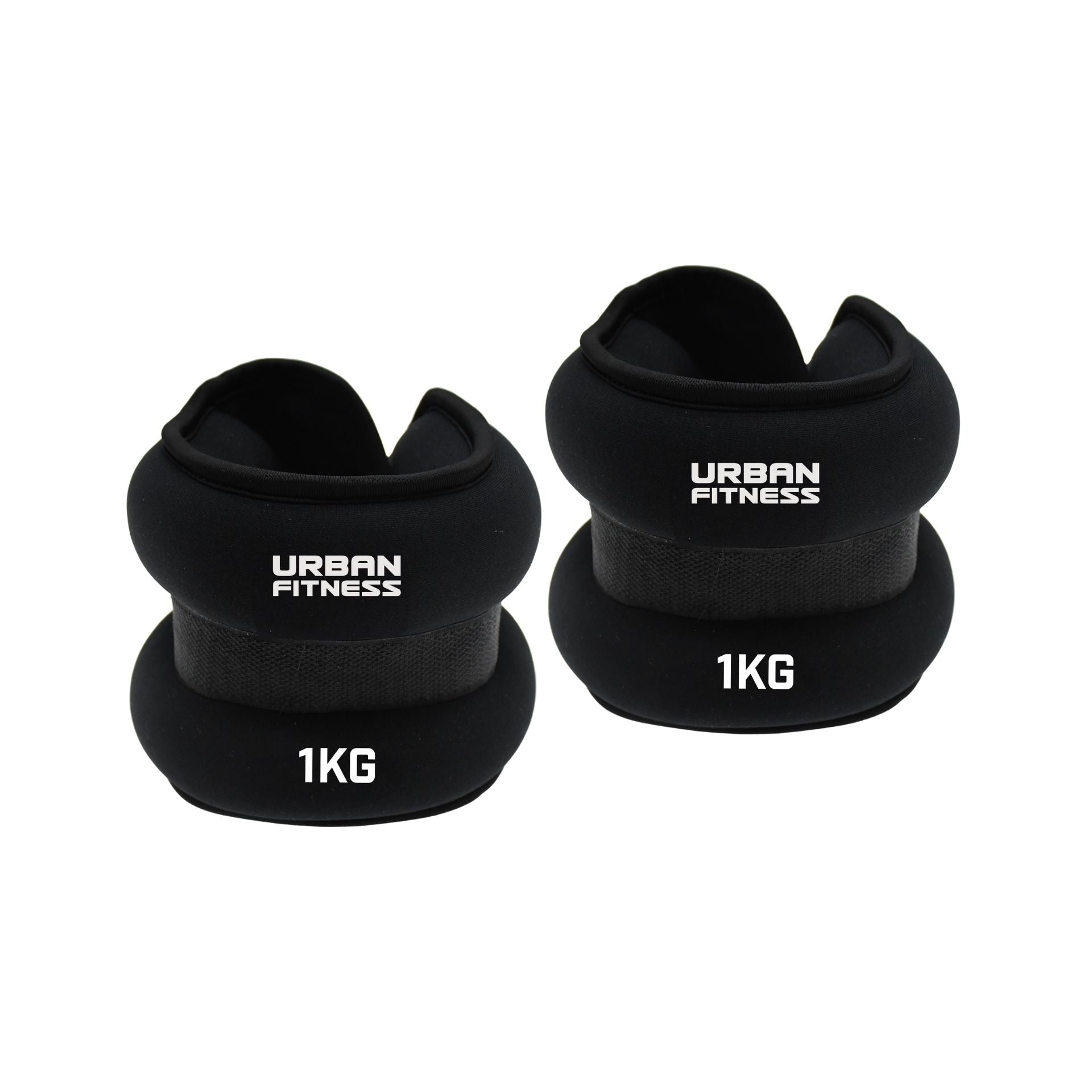 Two black Urban Fitness Neoprene Ankle/Wrist Weights, each labeled "Urban Fitness" and "1KG," can be used on the wrists or ankles. Both weights are shown side by side on a white background.