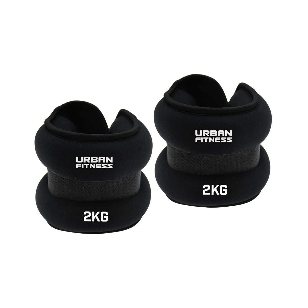 Two black Urban Fitness Neoprene Ankle/Wrist Weights, each 2KG, are shown against a white background. Featuring a soft padded design and secure strap, these versatile weights by Urban Fitness are perfect for wrists or ankles.