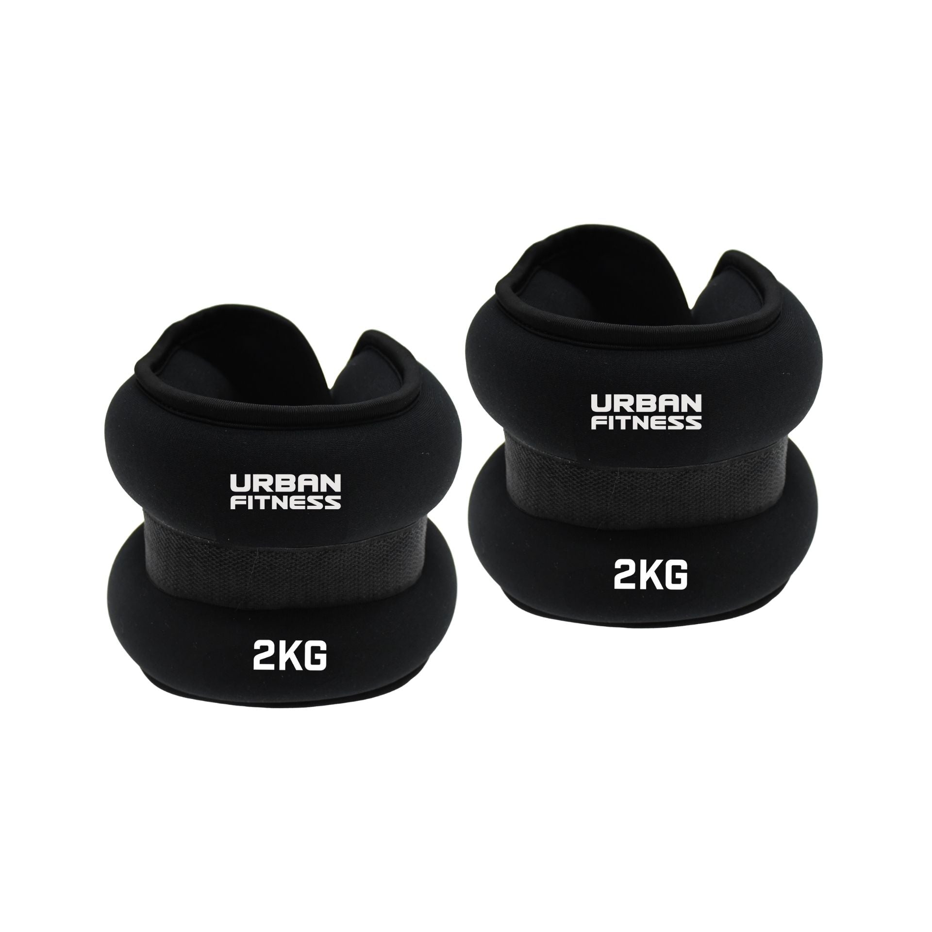 Two black Urban Fitness Neoprene Ankle/Wrist Weights, each 2KG, are shown against a white background. Featuring a soft padded design and secure strap, these versatile weights by Urban Fitness are perfect for wrists or ankles.