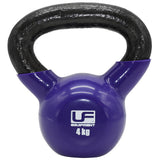 A purple Urban Fitness Vinyl Coated Cast Iron Kettlebell with a black handle and "Urban Fitness 4 kg" in white on the front—perfect for fitness training.