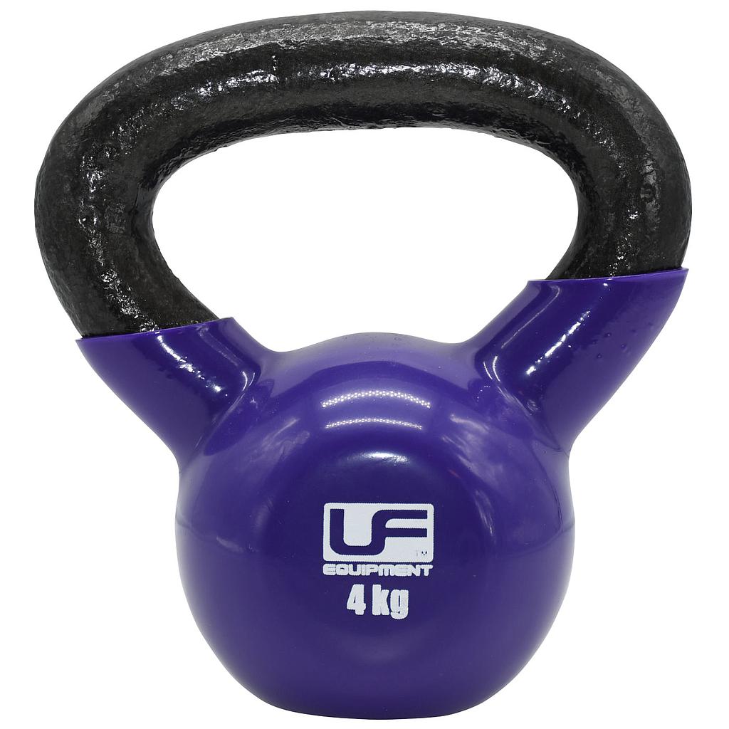 A purple Urban Fitness Vinyl Coated Cast Iron Kettlebell with a black handle and "Urban Fitness 4 kg" in white on the front—perfect for fitness training.