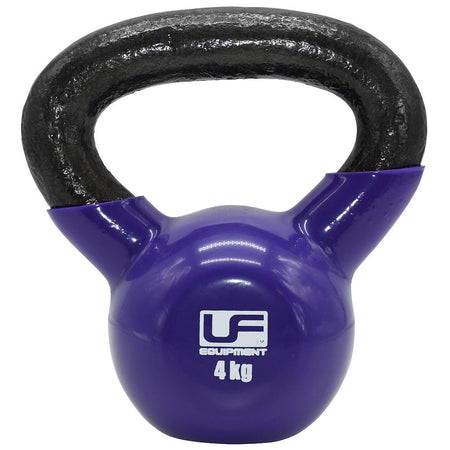A purple Urban Fitness Vinyl Coated Cast Iron Kettlebell with a black handle and "Urban Fitness 4 kg" in white on the front—perfect for fitness training.