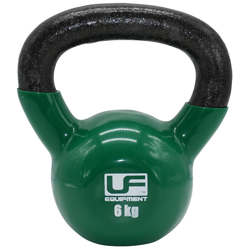 The Urban Fitness Vinyl Coated Cast Iron Kettlebell has a shiny green vinyl coating, a black handle, and “Urban Fitness 6 kg” on the front. Ideal for fitness training and weight exercises.