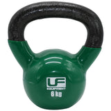 The Urban Fitness Vinyl Coated Cast Iron Kettlebell has a shiny green vinyl coating, a black handle, and “Urban Fitness 6 kg” on the front. Ideal for fitness training and weight exercises.