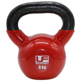 The Urban Fitness Vinyl Coated Cast Iron Kettlebell features a red finish, black handle, and 8kg label—ideal for fitness training.