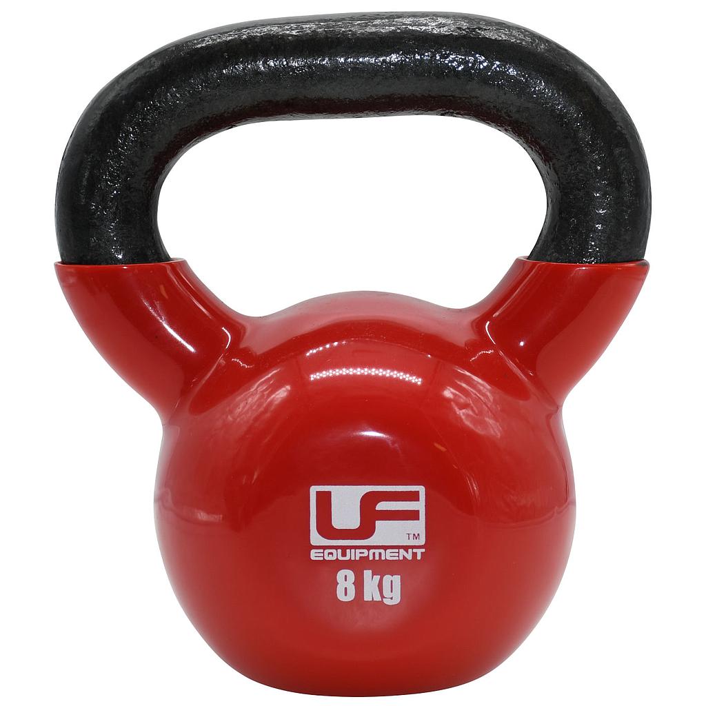 The Urban Fitness Vinyl Coated Cast Iron Kettlebell features a red finish, black handle, and 8kg label—ideal for fitness training.