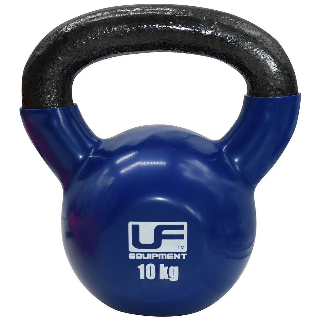 The Urban Fitness Vinyl Coated Cast Iron Kettlebell, 10 kg and blue with a black handle, features the Urban Fitness logo—perfect for fitness training.