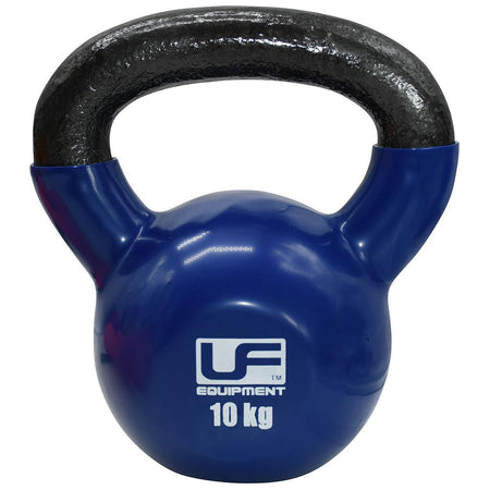The Urban Fitness Vinyl Coated Cast Iron Kettlebell, 10 kg and blue with a black handle, features the Urban Fitness logo—perfect for fitness training.