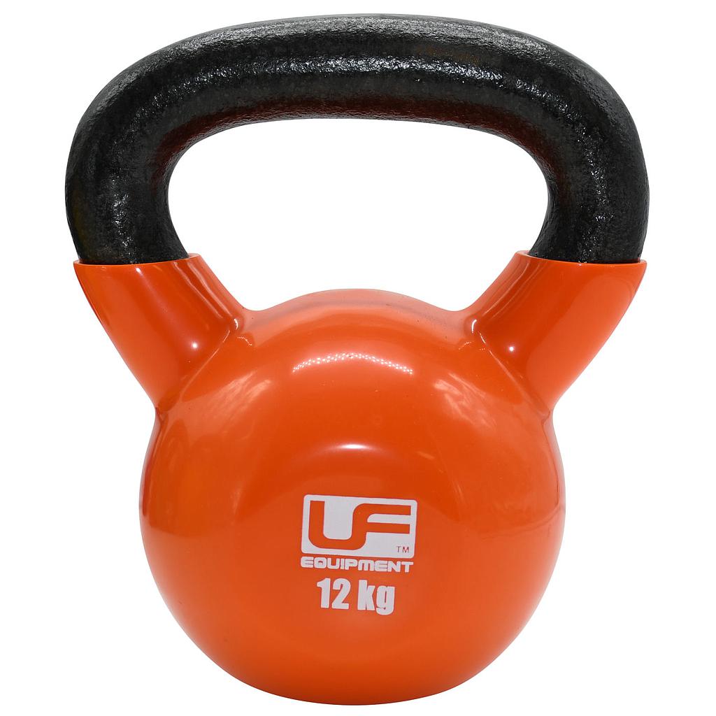 The Urban Fitness Vinyl Coated Cast Iron Kettlebell, 12 kg, features a bright orange vinyl coating and black handle with the Urban Fitness logo on the front, ideal for effective fitness training. Shown against a white background.