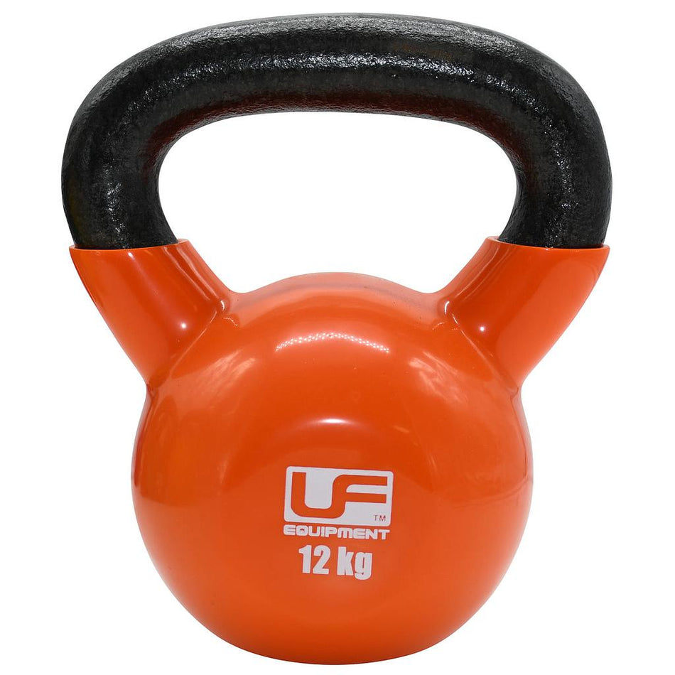 The Urban Fitness Vinyl Coated Cast Iron Kettlebell, 12 kg, features a bright orange vinyl coating and black handle with the Urban Fitness logo on the front, ideal for effective fitness training. Shown against a white background.