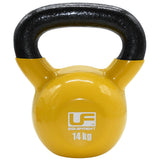 The Urban Fitness Vinyl Coated Cast Iron Kettlebell in yellow and black features a curved handle and rounded body, with 14 kg printed on the front. Ideal for fitness training, this kettlebell is made by Urban Fitness.