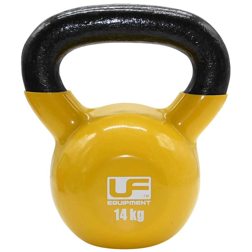 The Urban Fitness Vinyl Coated Cast Iron Kettlebell in yellow and black features a curved handle and rounded body, with 14 kg printed on the front. Ideal for fitness training, this kettlebell is made by Urban Fitness.
