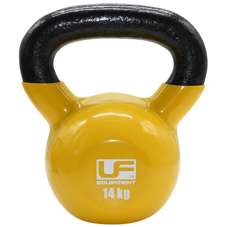 The Urban Fitness Vinyl Coated Cast Iron Kettlebell in yellow and black features a curved handle and rounded body, with 14 kg printed on the front. Ideal for fitness training, this kettlebell is made by Urban Fitness.