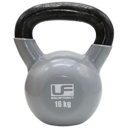 The Urban Fitness Vinyl Coated Cast Iron Kettlebell features a gray finish and black handle, clearly labeled with the brand and 16 kg weight—making it ideal for fitness training.