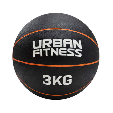 The Urban Fitness Medicine Ball is a black rubber ball with orange stripes and “URBAN FITNESS” plus “3KG” in white—perfect for building explosive power in functional fitness workouts.